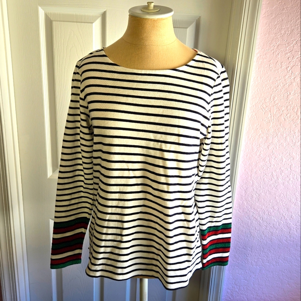 Boden Stripes Ahead of the Rest Glitter Cuffs Long Sleeve Top Size 8‎ Cotton